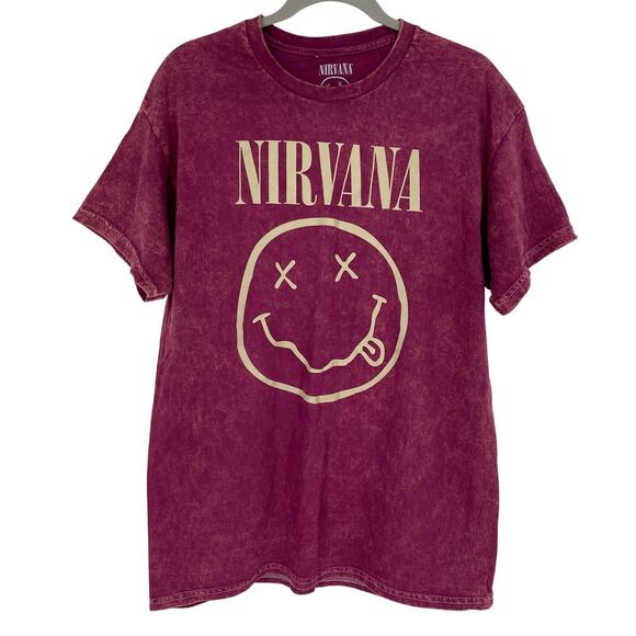 Officially Licensed Nirvana Nevermind Smiley Grunge Tee Magenta Acid Wash Large - Picture 1 of 7